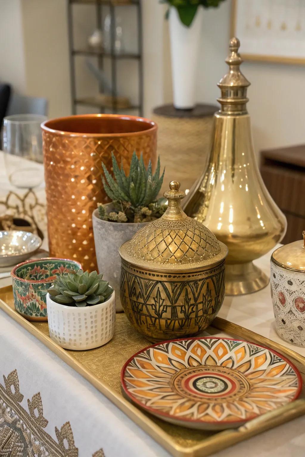 Singular tabletop design objects append individuality and aesthetic to the room.