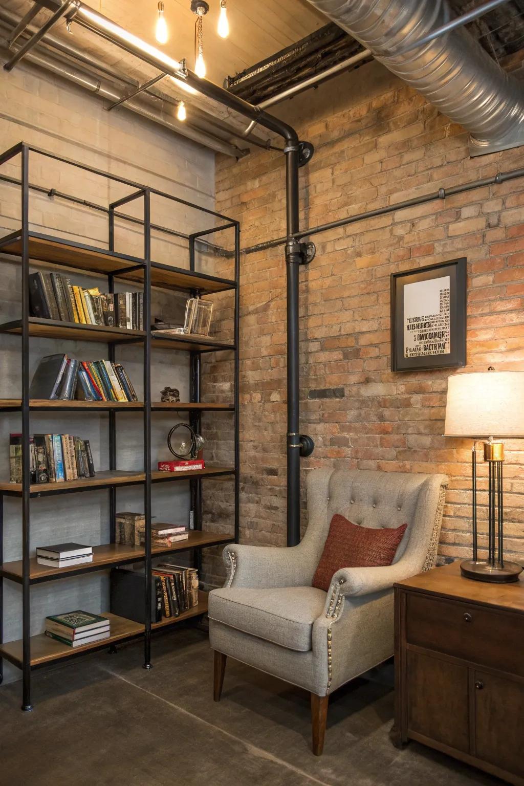 An industrial nook, delivering a modern and daring reading setting.