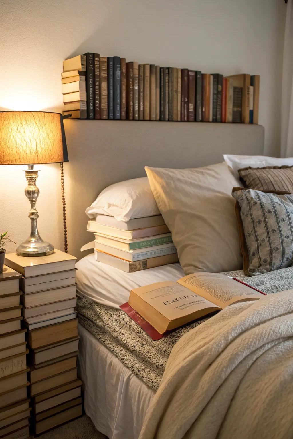 Books double as a cozy headboard.