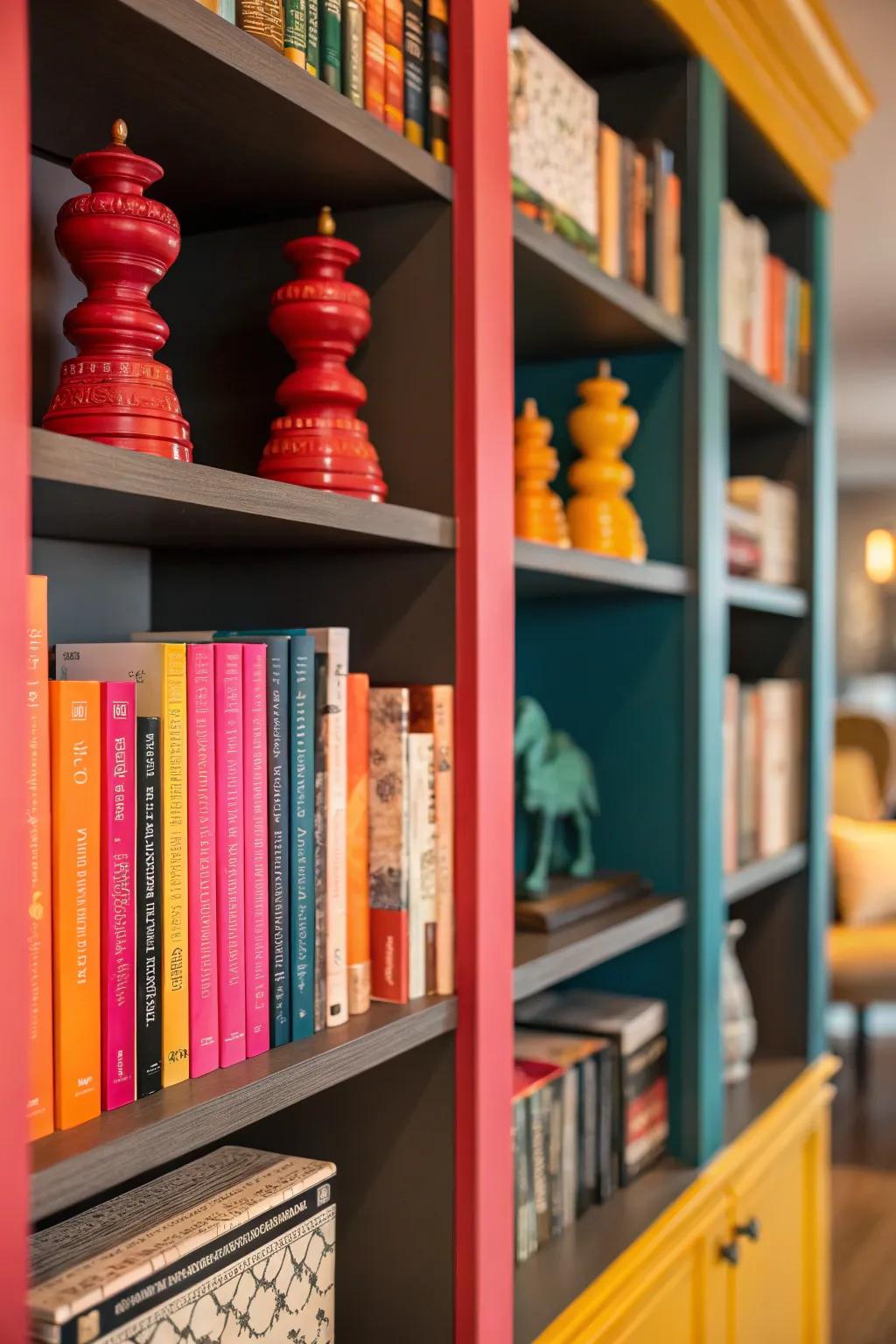 Strong color scheme elements craft a dramatic expression on a shelf.