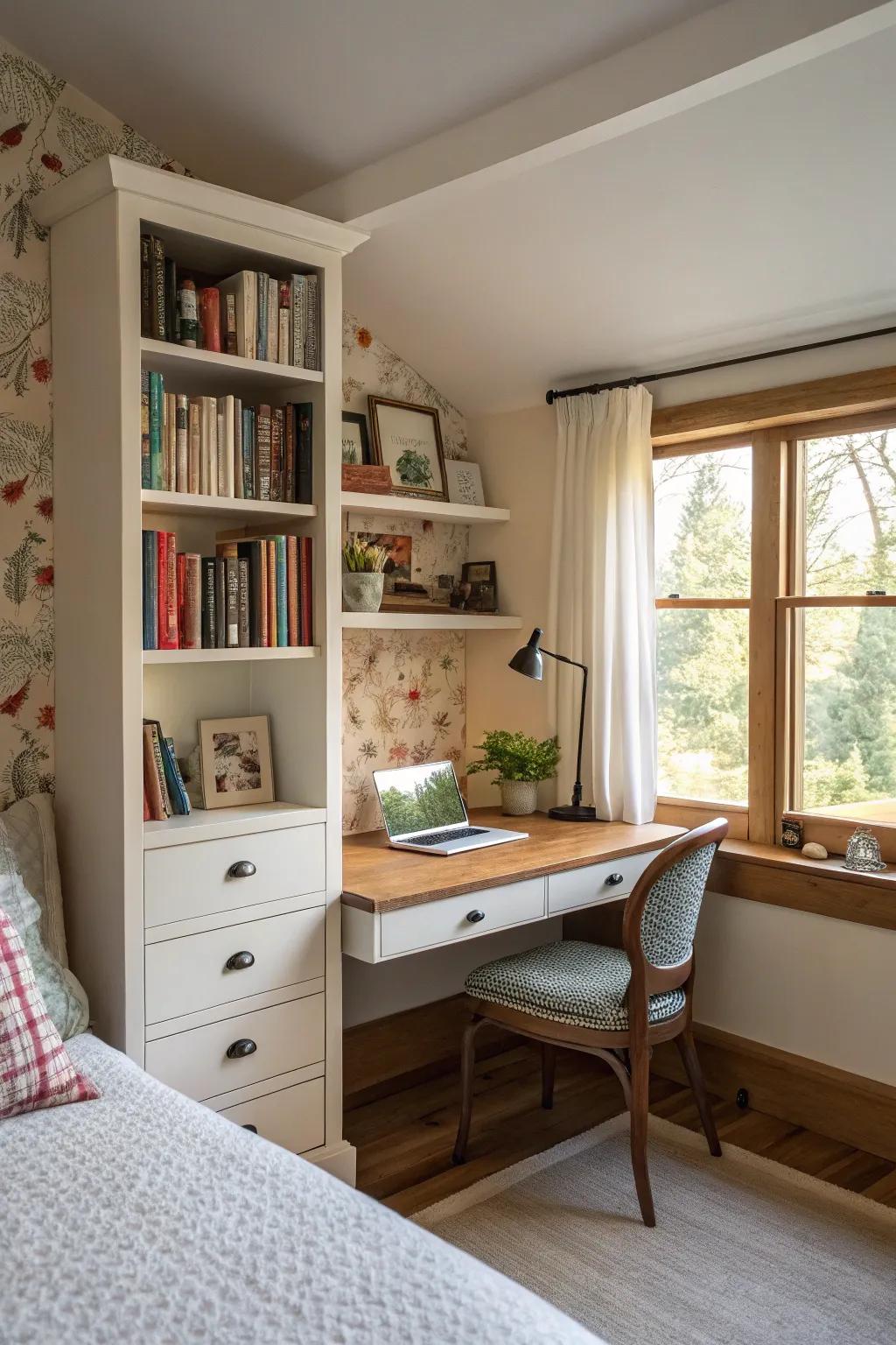 A compact solution with an integrated desk and bookshelf combo.