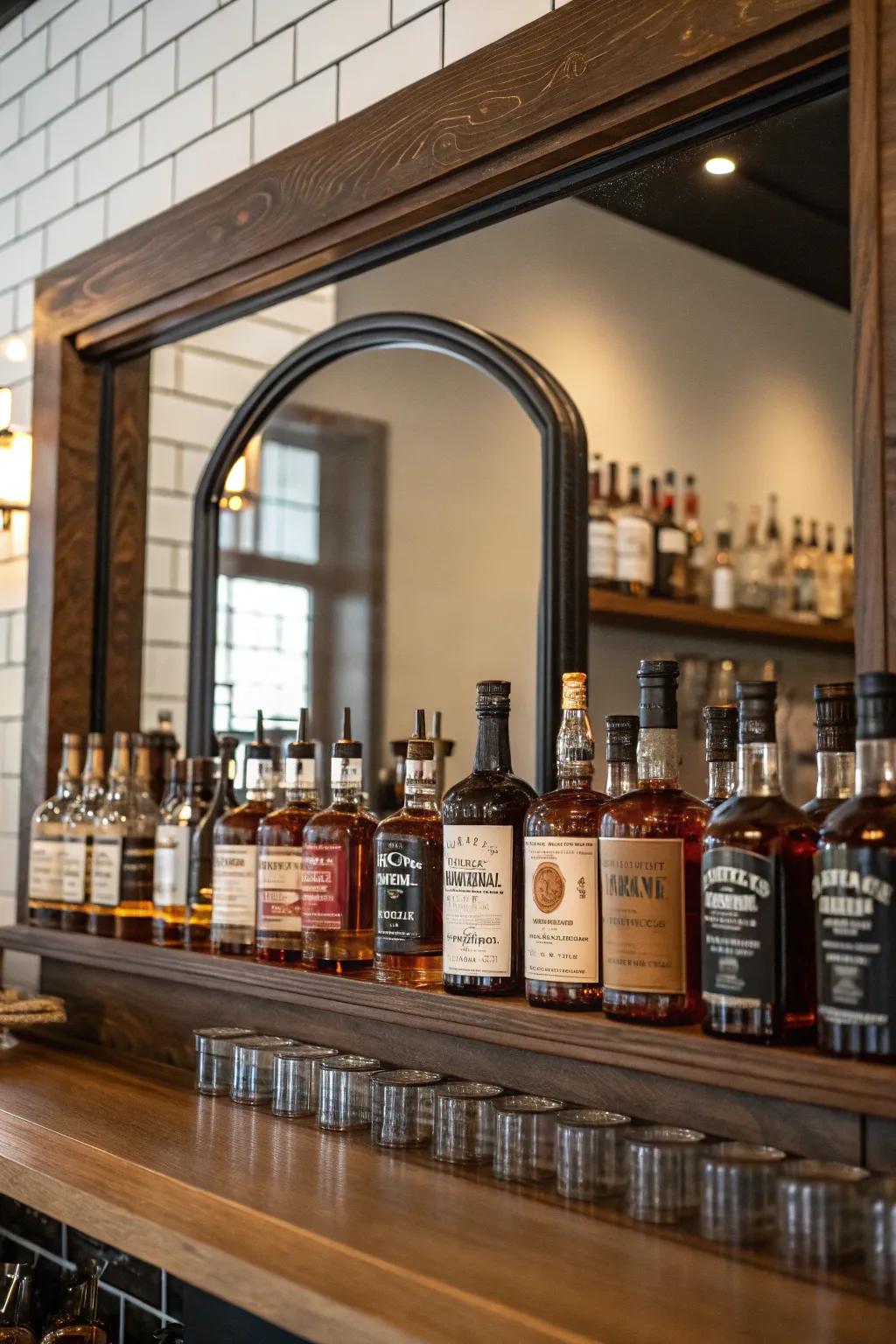 A wall mirror backdrop appends depth to your bourbon display.