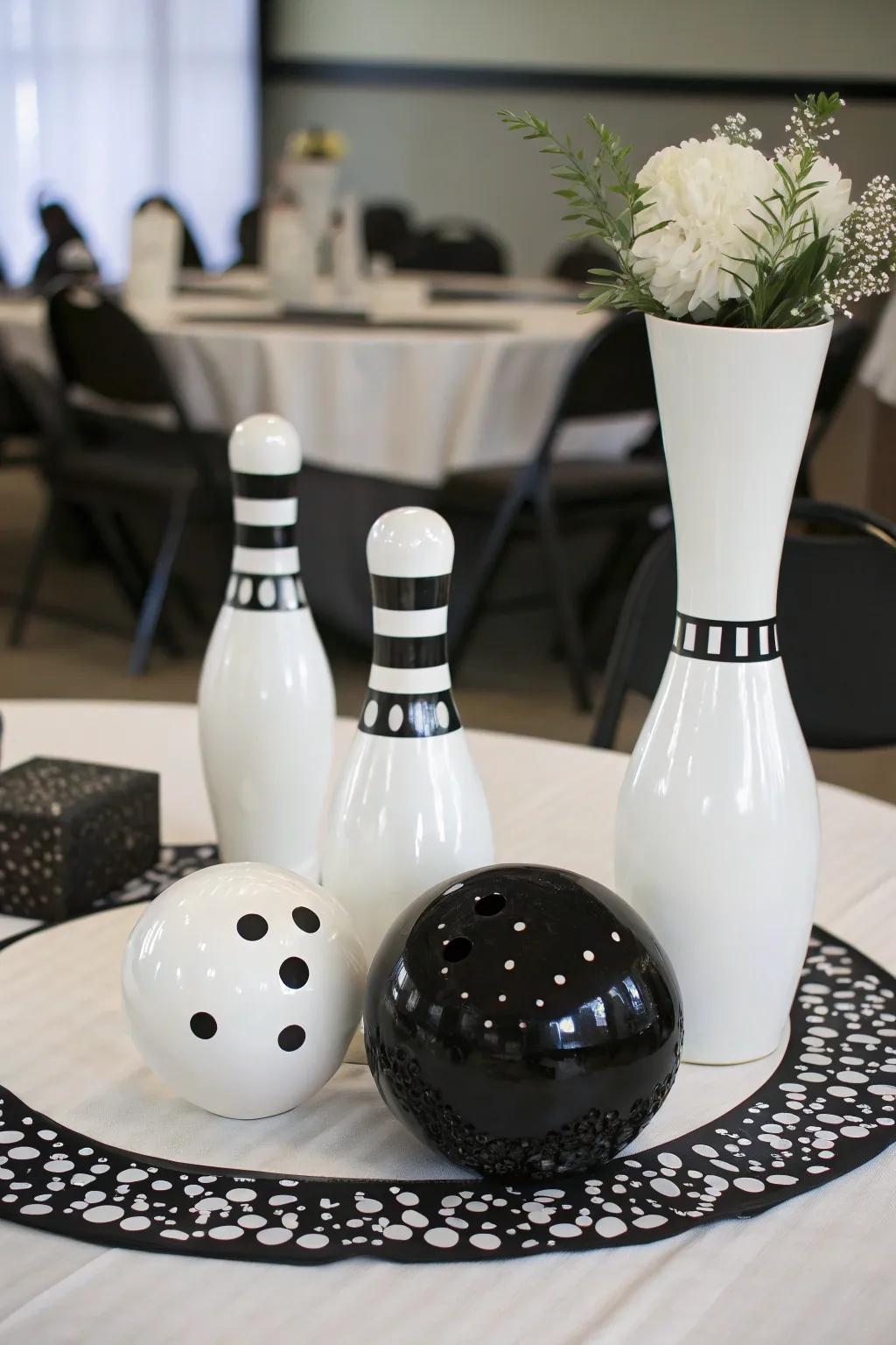 A sophisticated monochrome bowling centerpiece for refinement.