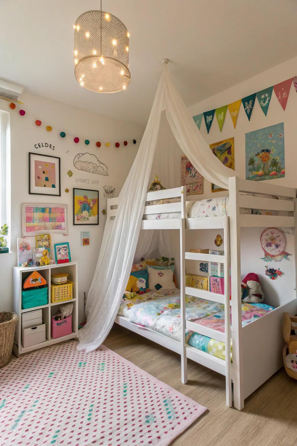 A ceiling canopy adds a dreamy touch to the shared area.