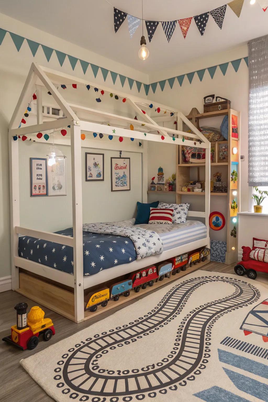 All aboard for dreamland with this railway-themed canopy bed.