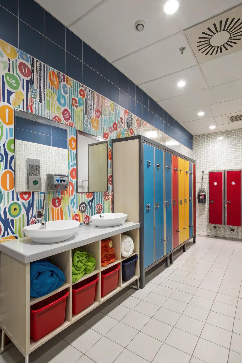 Creative organizing solutions keep a boys' bathroom organized.