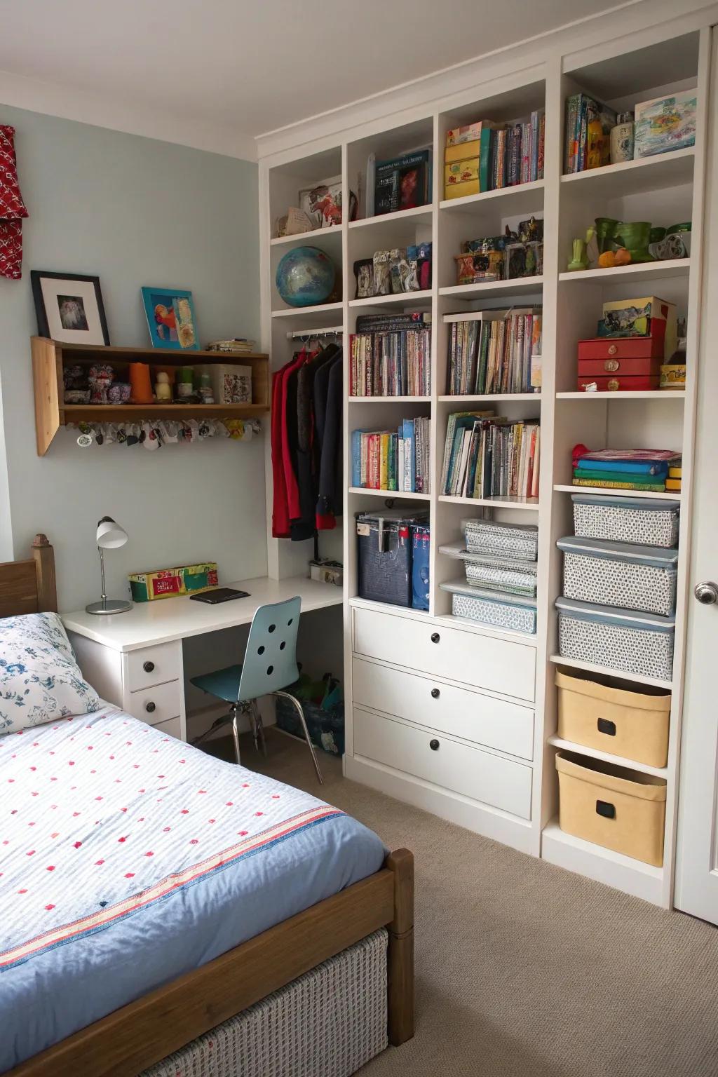 Vertical solutions maintain room organization and spaciousness.