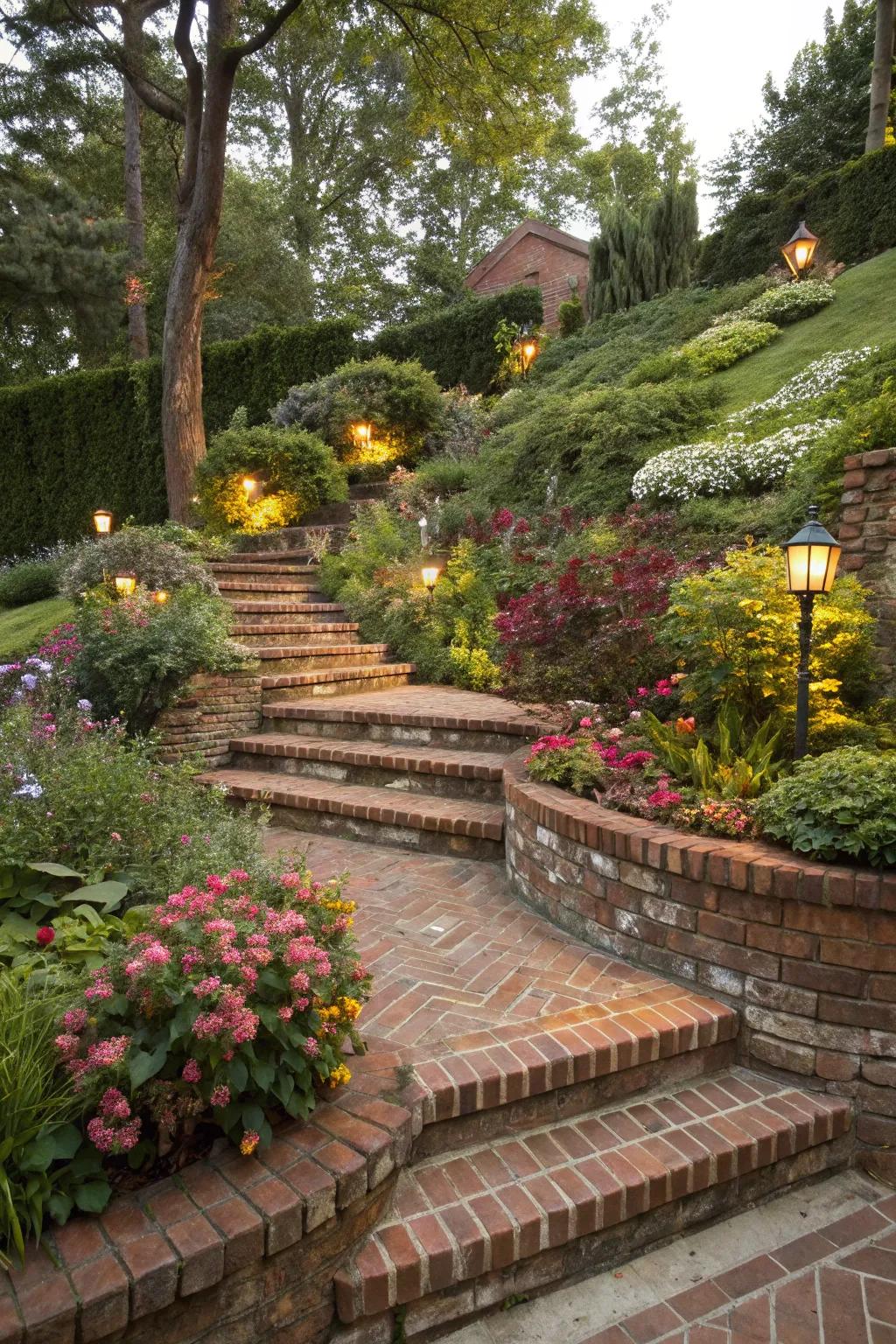 Blockwork steps furnish elegant transitions amidst disparate green space levels.