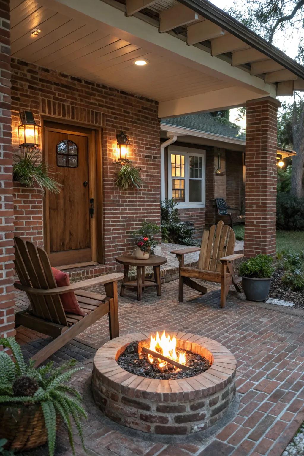 A fire pit adds warmth and becomes a gathering spot on this charming porch.