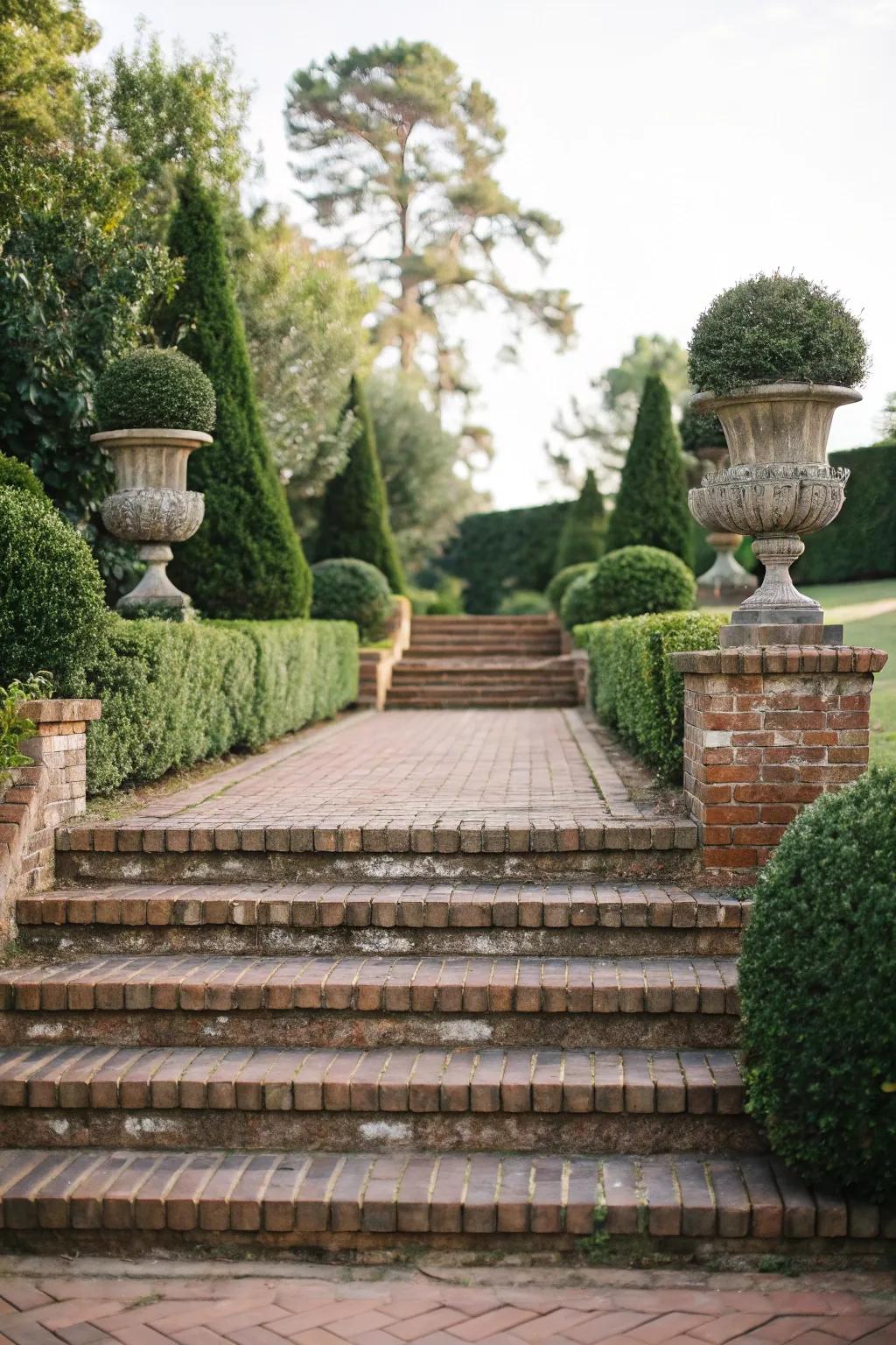 Arranged plants outlining elegant brick steps.