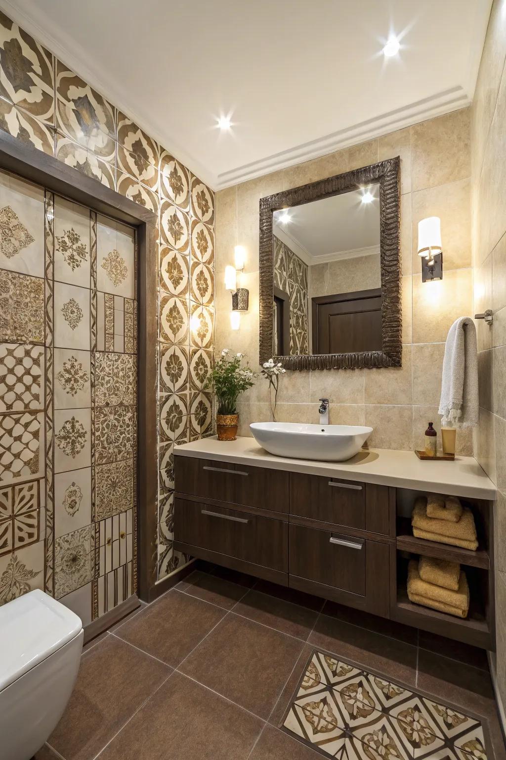 Artistic style can be found with patterned tiles.