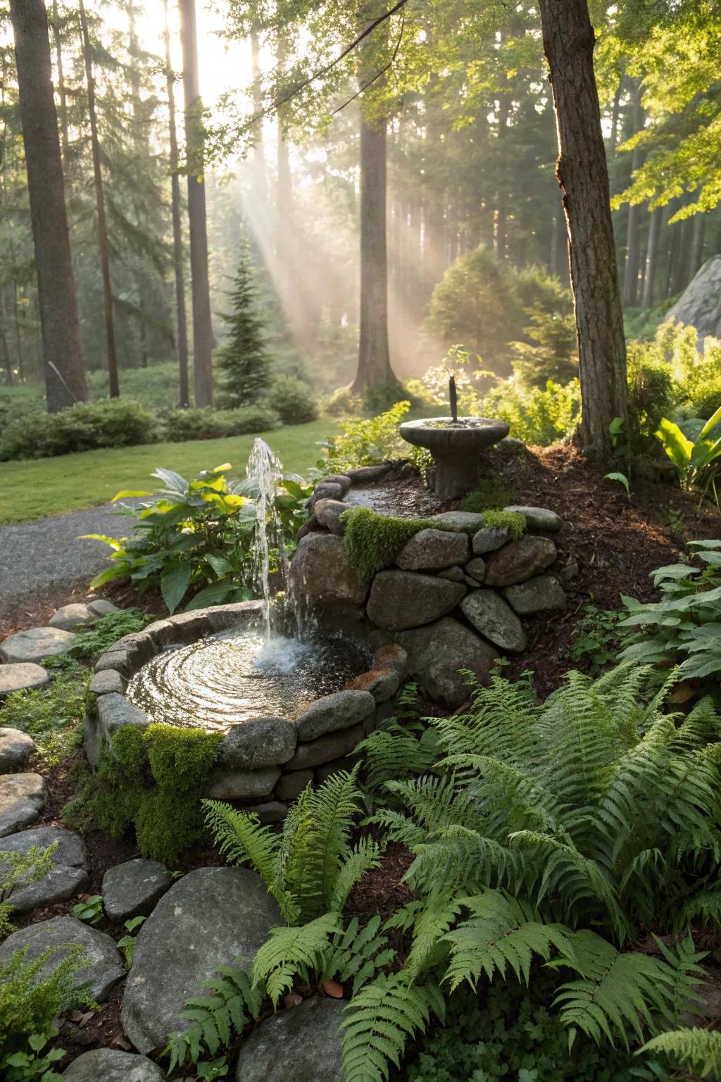A whimsical woodland fountain integrates easily with nature.
