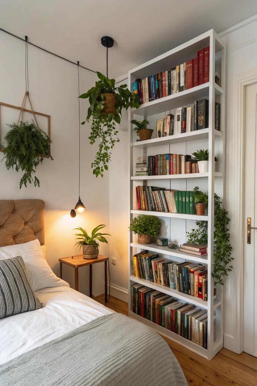 Upward shelving maximizes space and gives decorative interest.