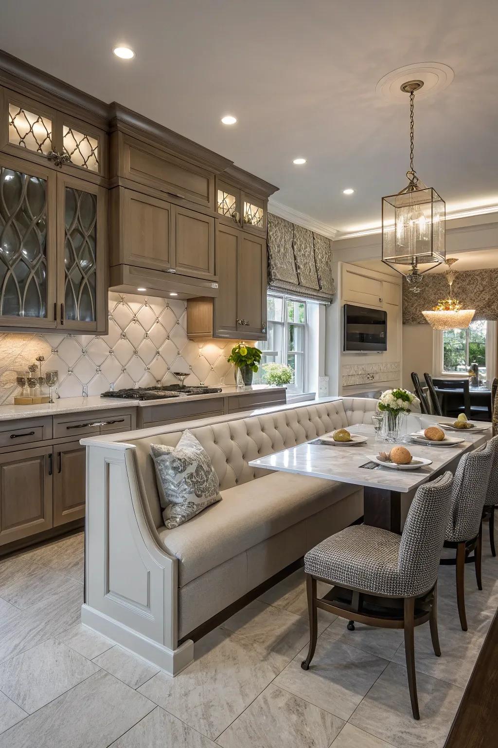 Unexpected panache in the kitchen with opulent banquette seating.
