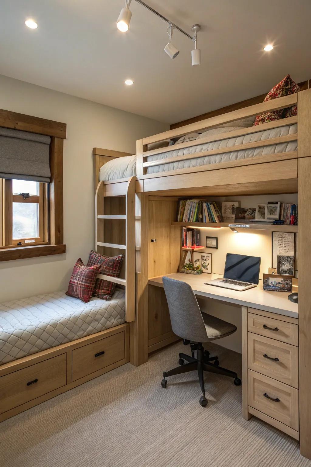 A combination of study and sleep: a bunk bed with an integrated desk.