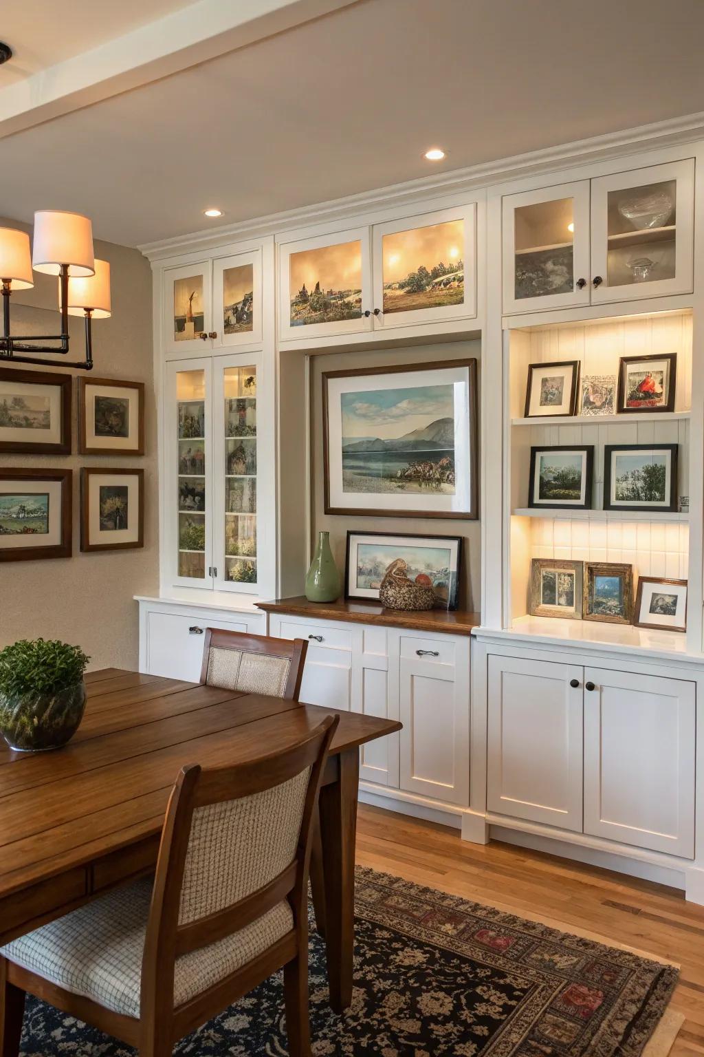 Dining area cabinets that frame artwork, adding a personal touch.