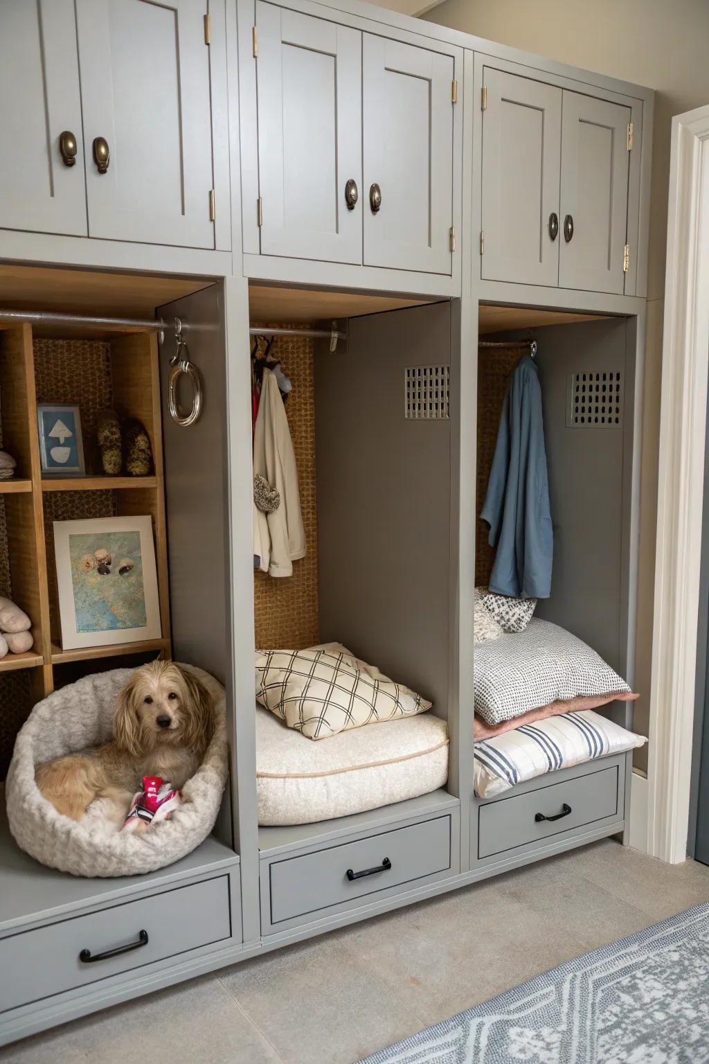 Integrated lockers including a cozy corner reserved for pets.