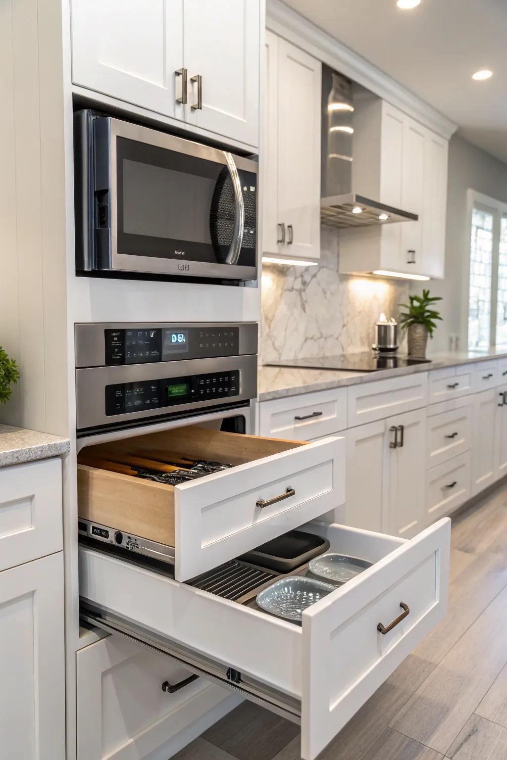 A wave oven paired with a retractable drawer for added convenience.