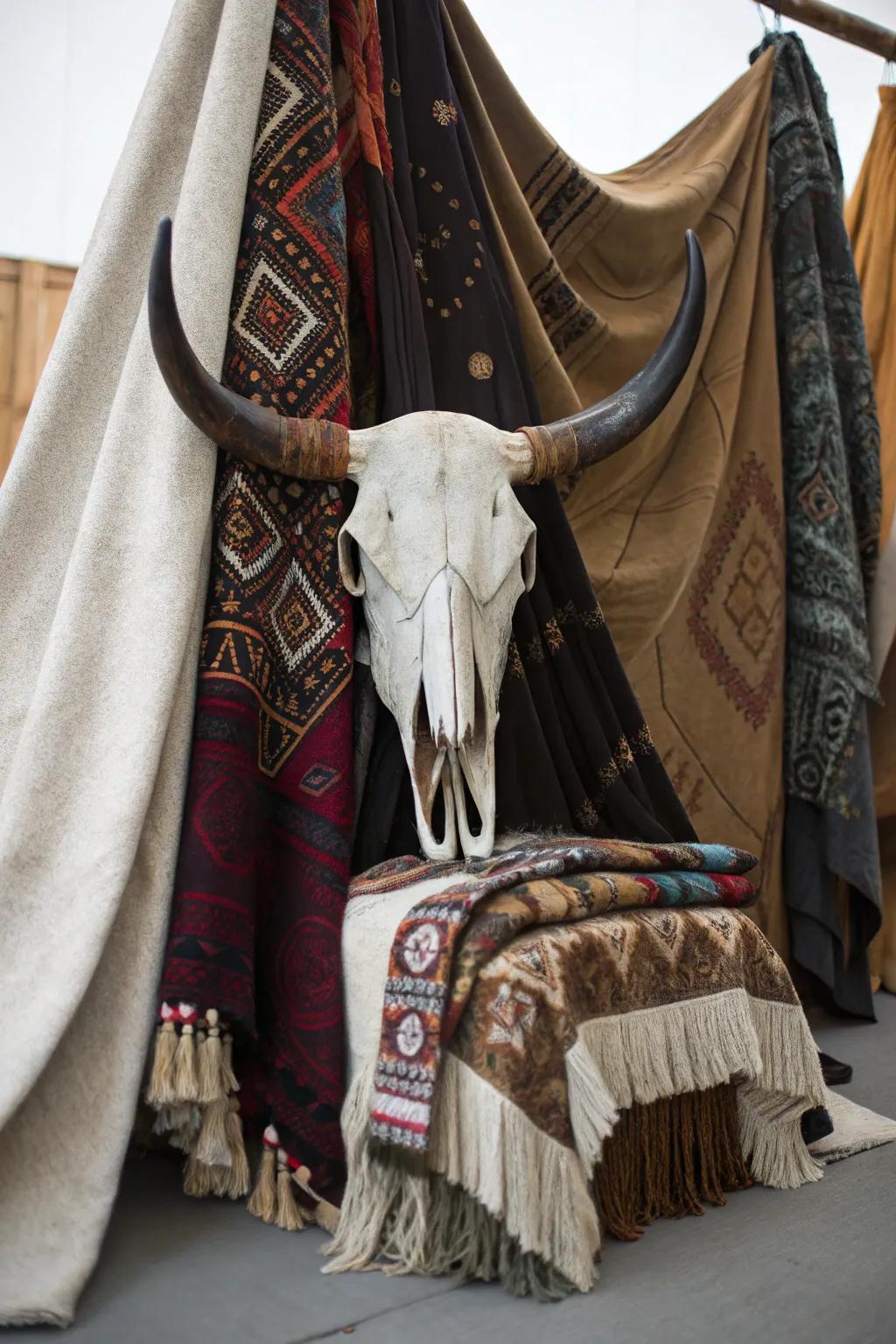 Textile layers developing heat around a cow skull.