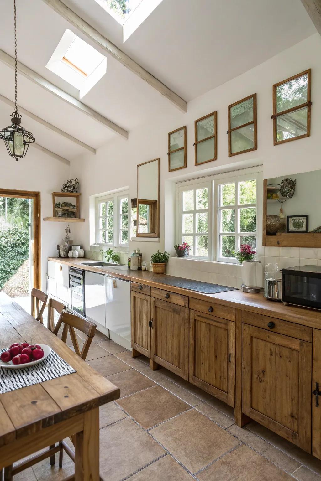 A cottage kitchen that feels more spacious with the clever use of mirrors.