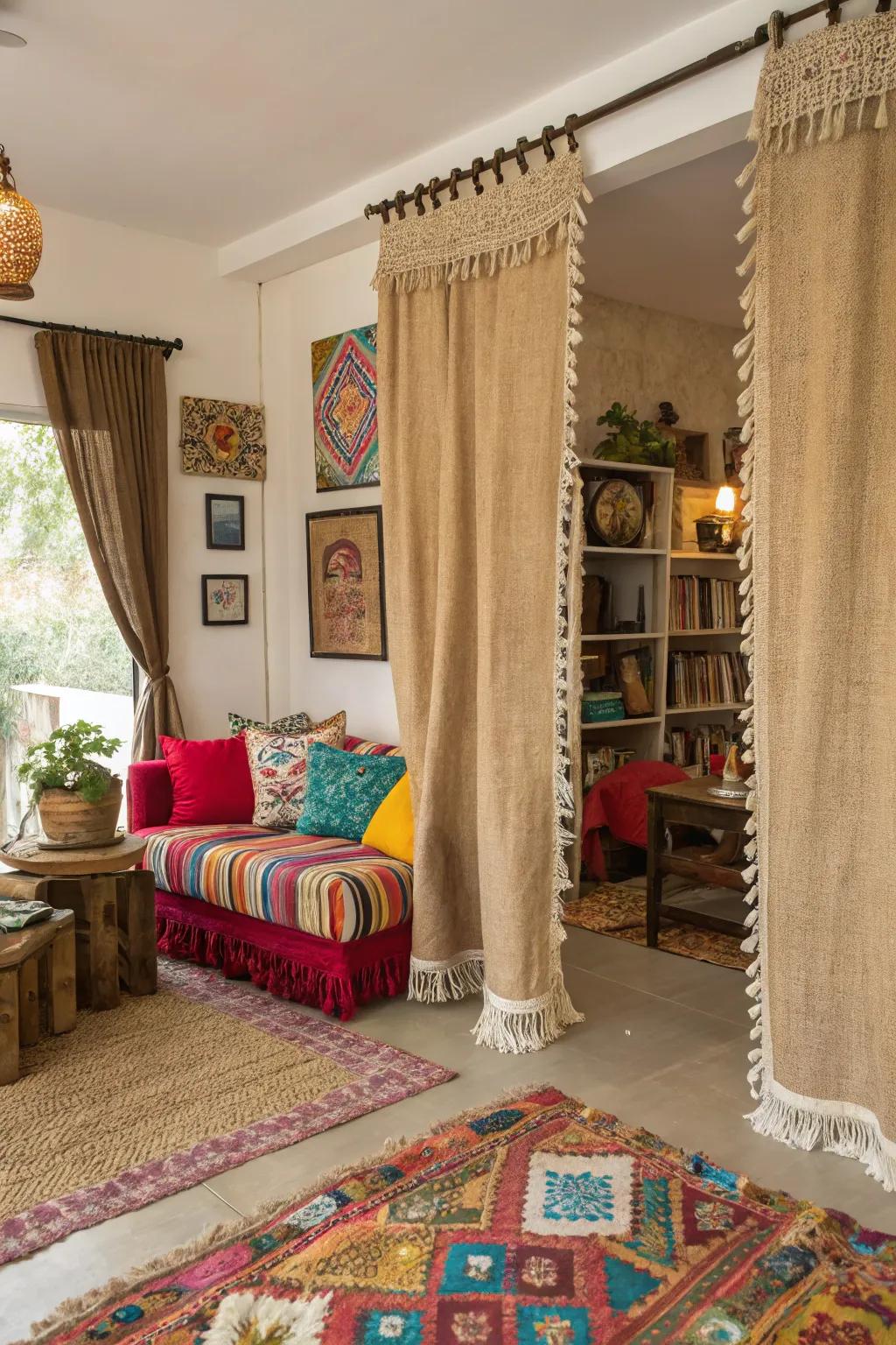 Playful texture featuring fringe-edged hessian drapes.
