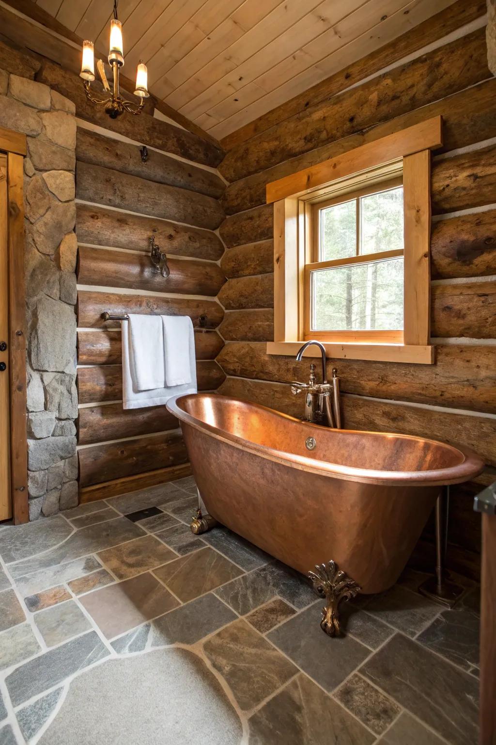 A cabin bathroom with a copper sheathed roll top tub as a centerpiece.