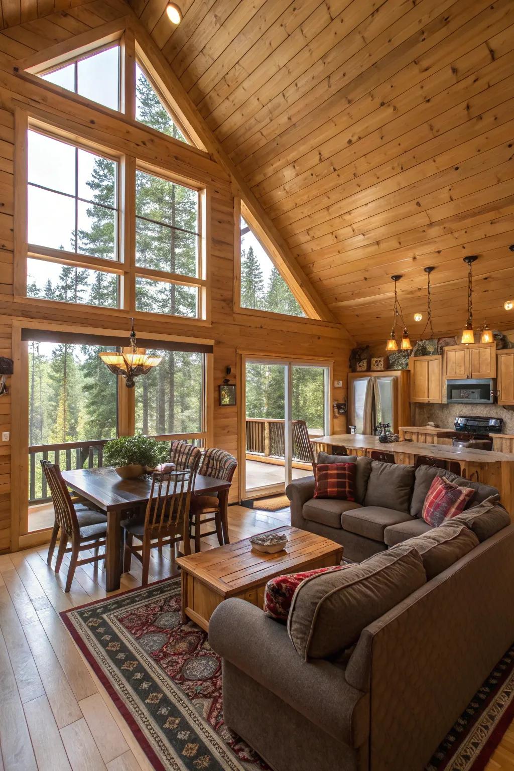 An open layout enhances the sense of space and connection in this cabin.