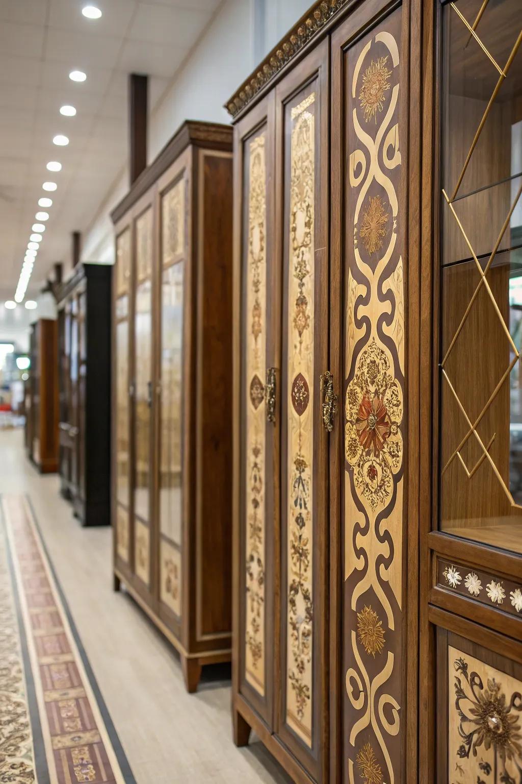 Image inlays give an artistic and fancy cabinet touch.