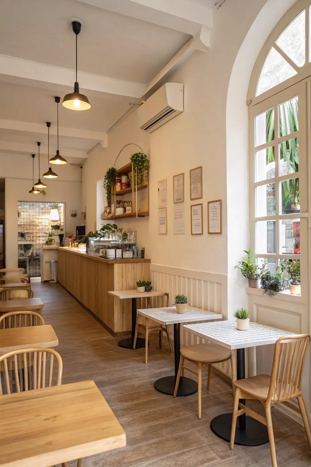 A minimalist design fashions a serene environment in your home cafe.