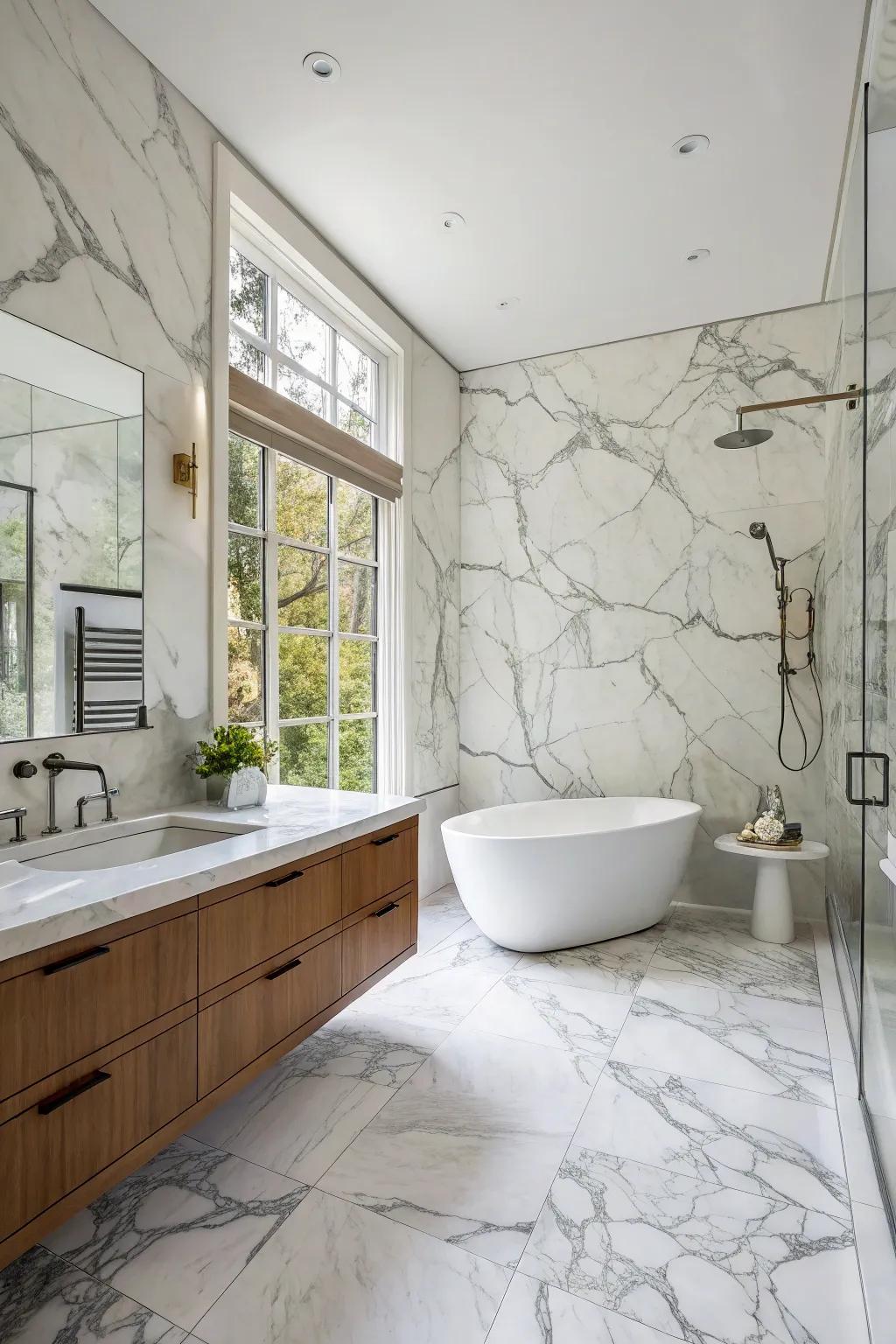A grand bathroom design featuring Luminous Stone slabs extending from walls to the ceiling.