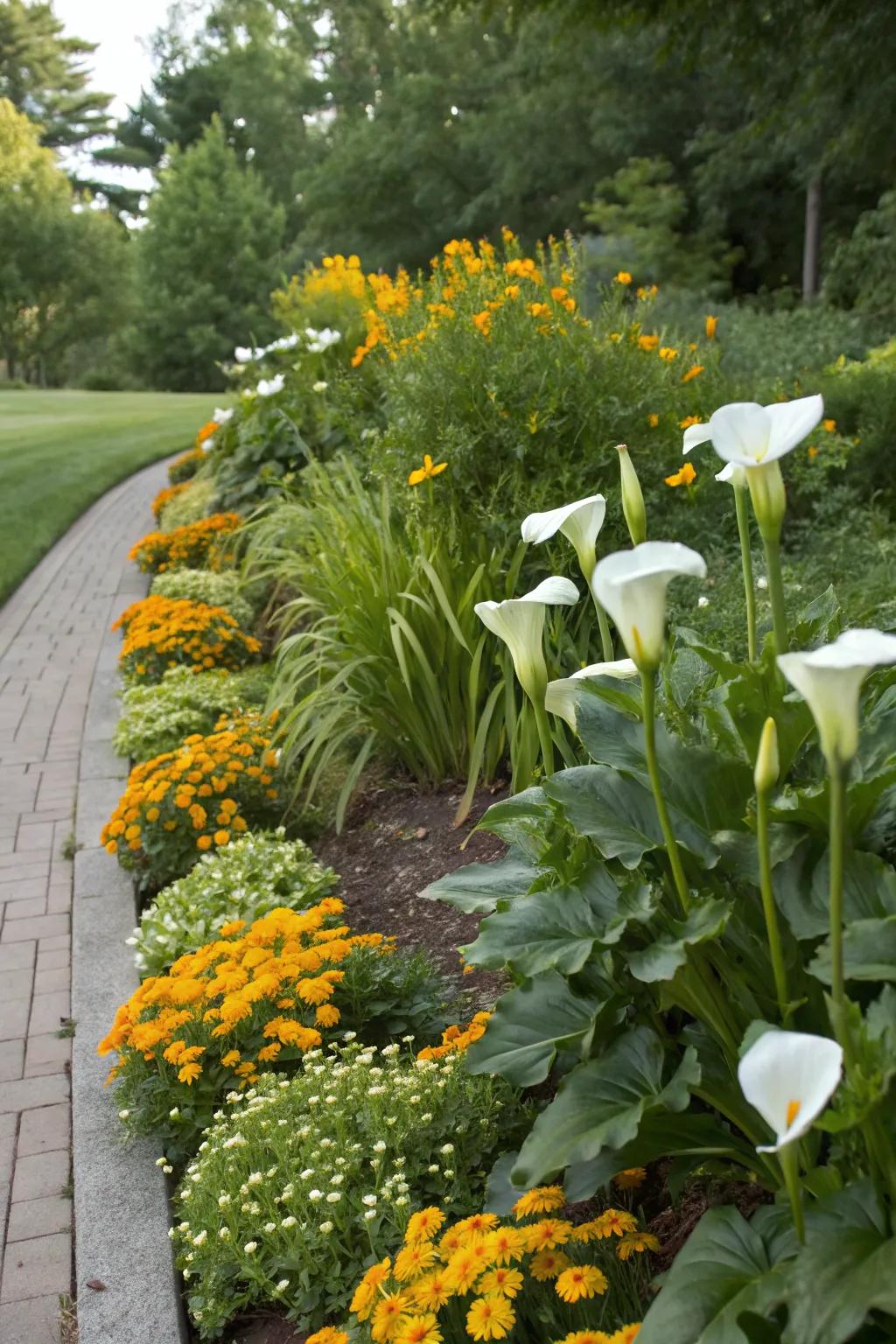 Companion sowing with calla lilies for a vibrant border.