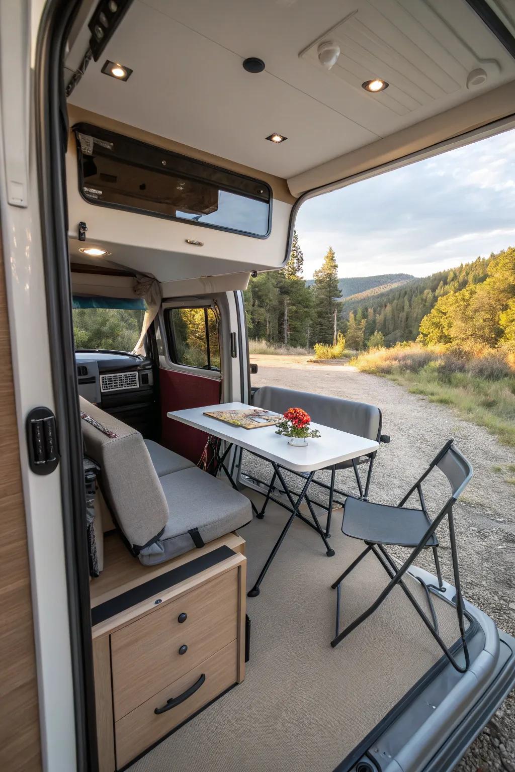 A convertible workspace in your camper shell for work and dining.