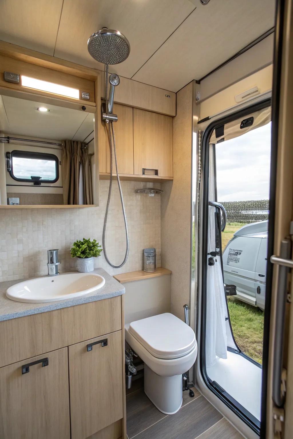 A high-efficiency spray nozzle in a camper van bathroom.