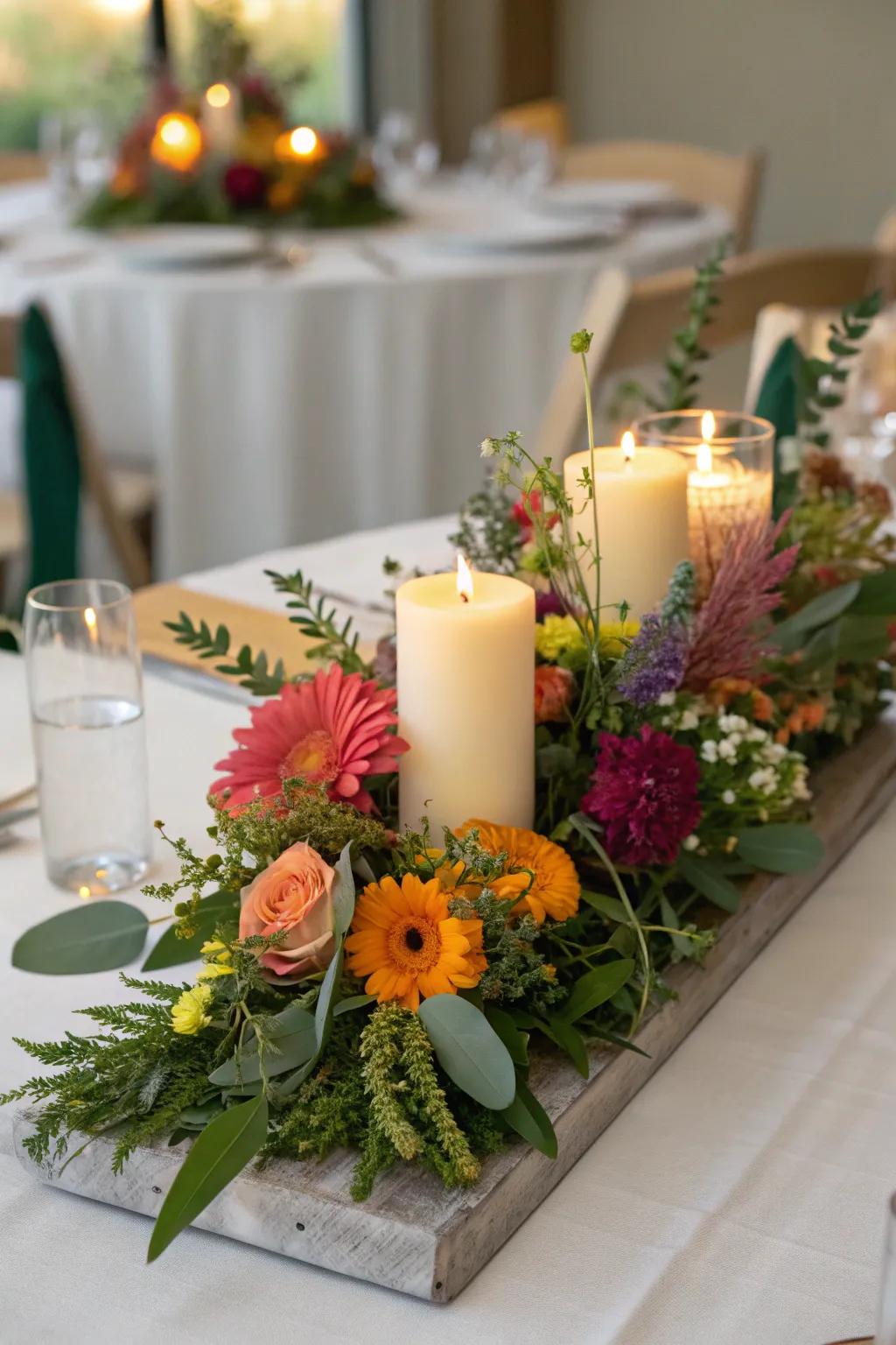 Flowers and candles combine to make a refreshing garden-themed display.