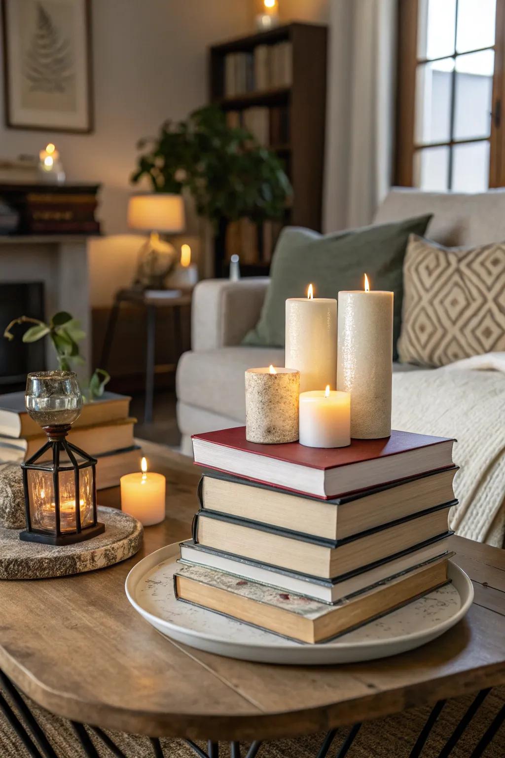 Books and lights fashion a fashionable and intellectual centerpiece.