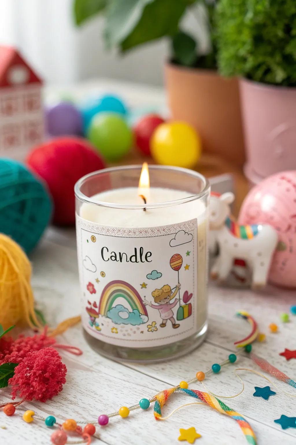 Whimsical candle labels that contribute a playful twist.