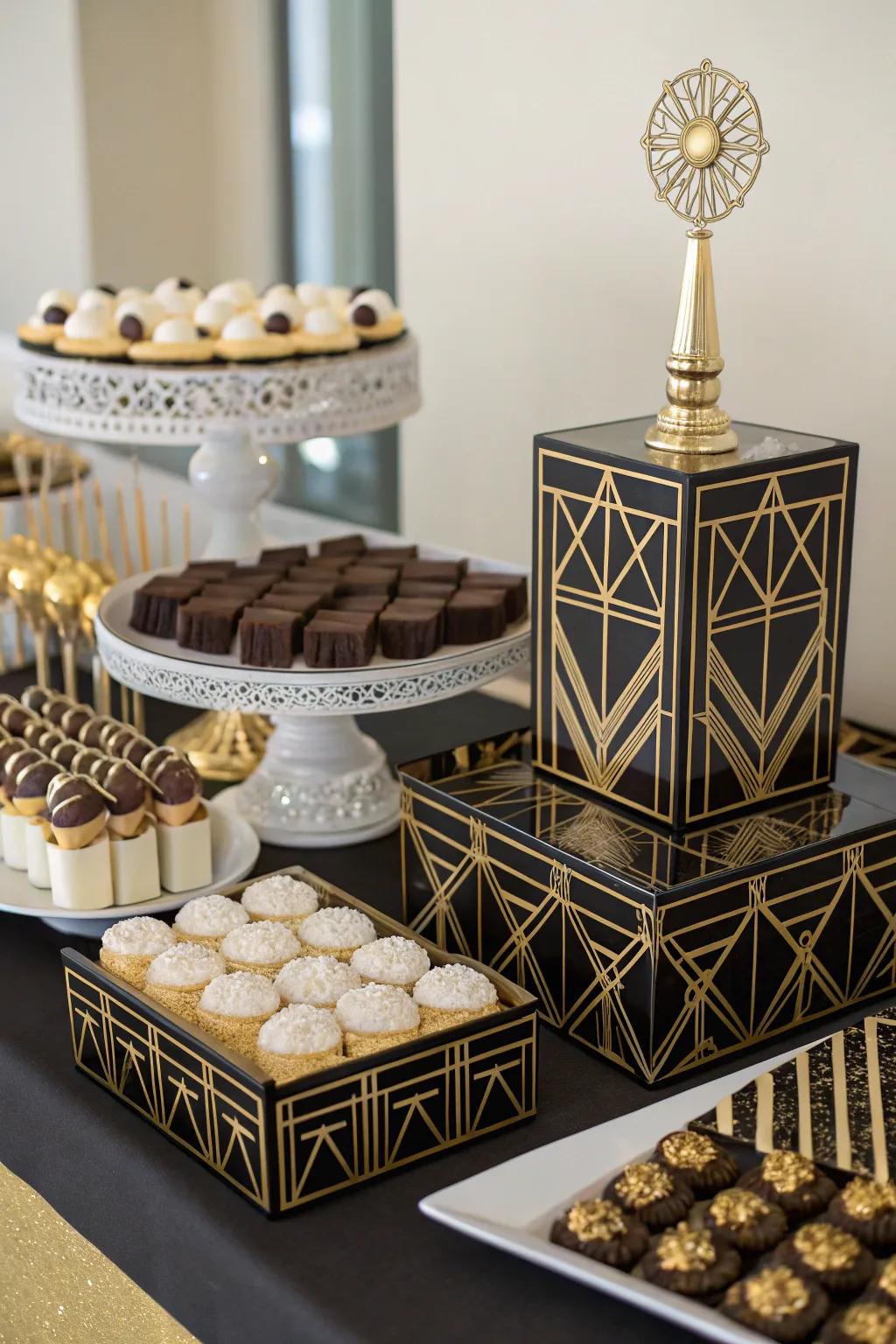 An art deco sweets display that channels the glamour and sophistication of the 1920s.