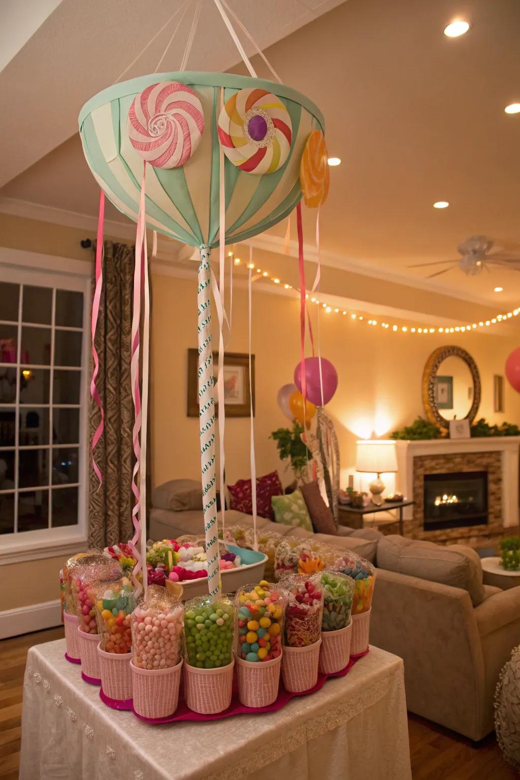 Floating displays adding a whimsical touch to candy presentations.