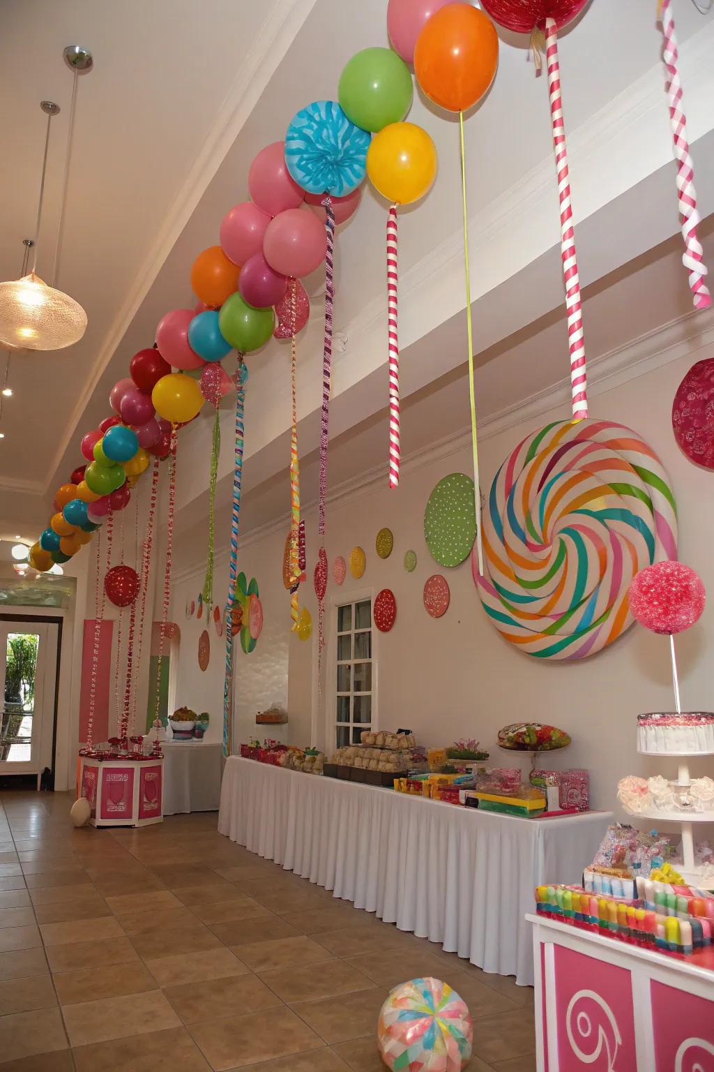 Ceiling decorations add a whimsical touch to the sweetscape theme.