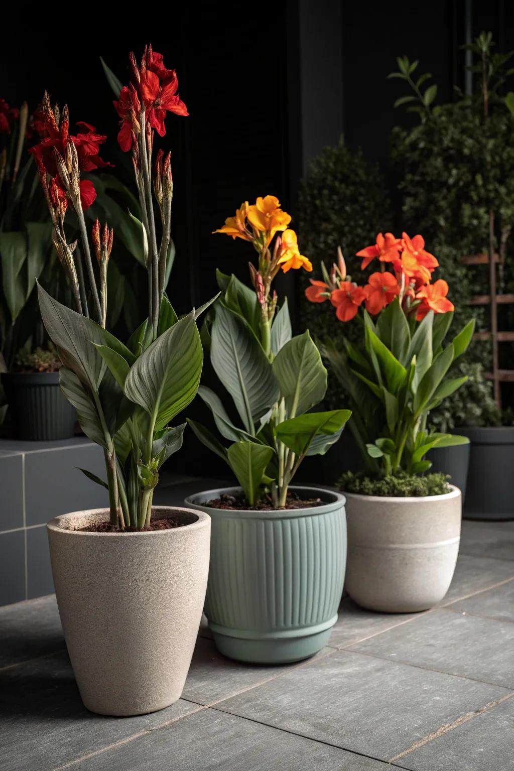 Monochrome magic with canna lilies and matching pots.
