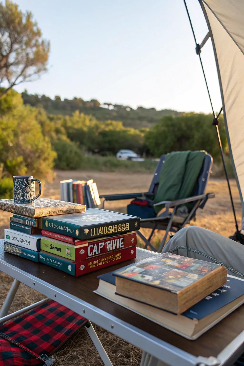 Enjoy relaxing downtime with books and games at your campsite.