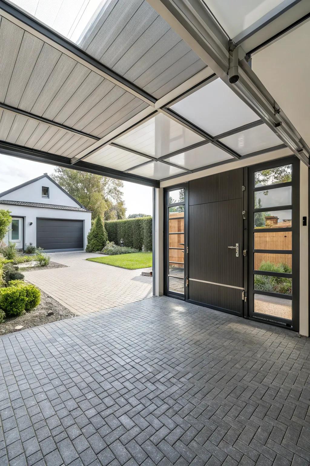 A carport featuring customizable door features that offer flexible design options.