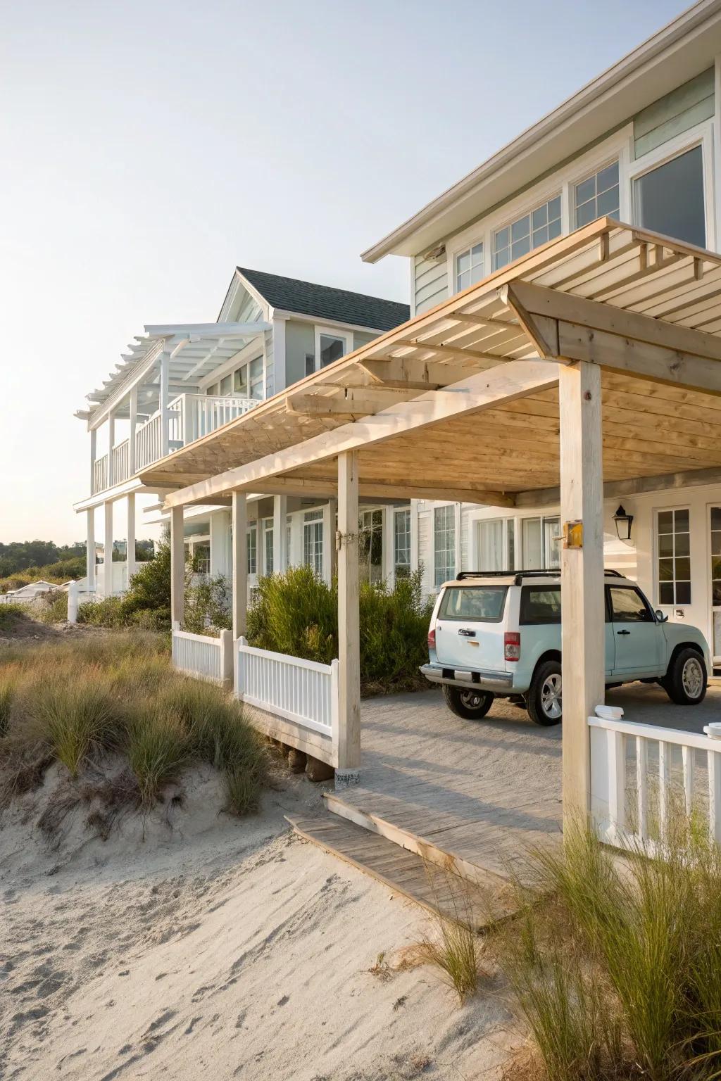 A beach-style carport exuding coastal charm.