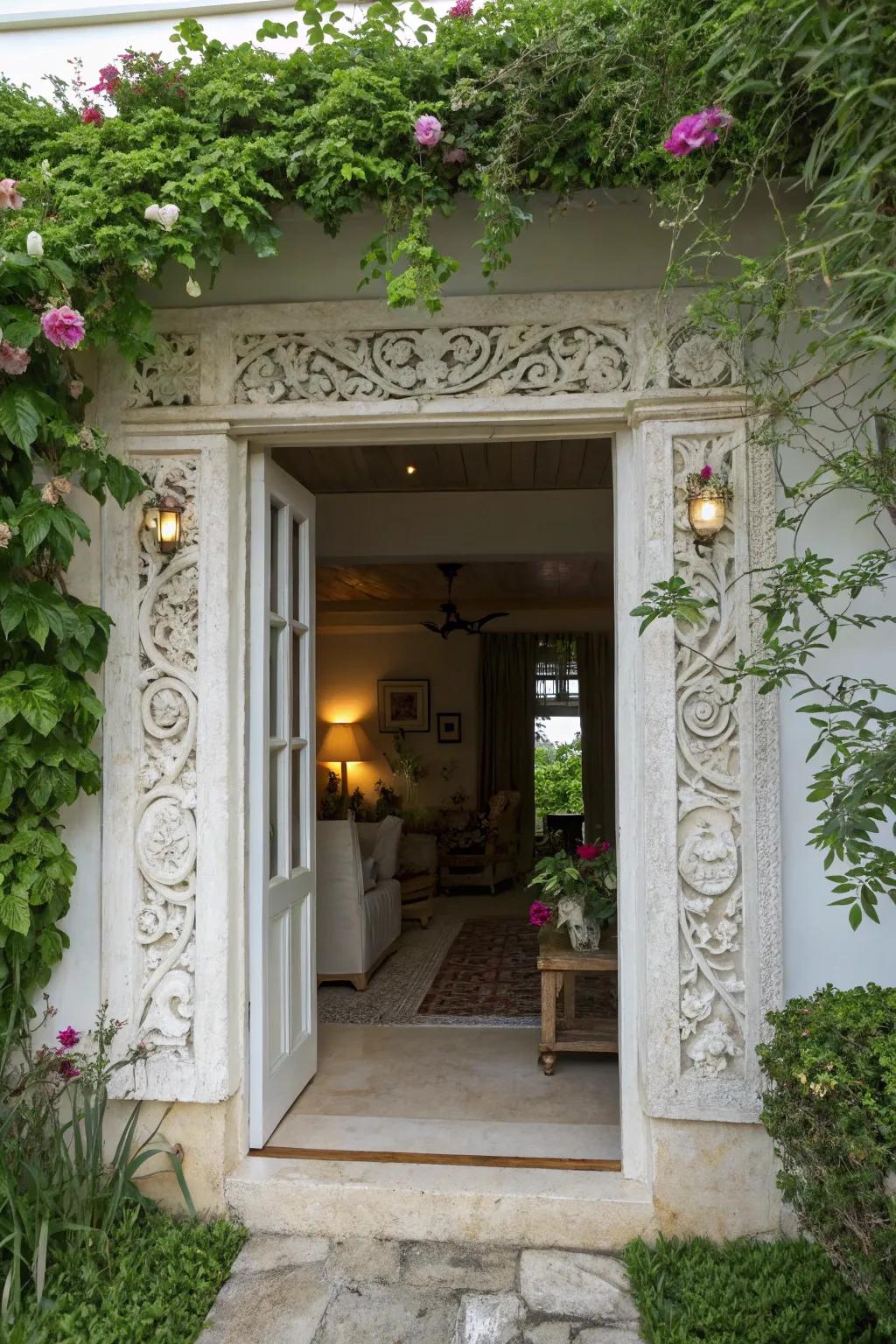 Botanical carved details add a touch of nature.