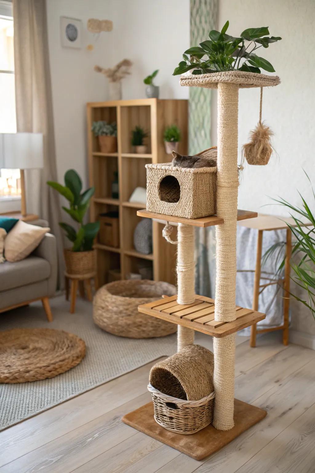 Eco-conscious designs offer sustainability and style for your cat's play zone.