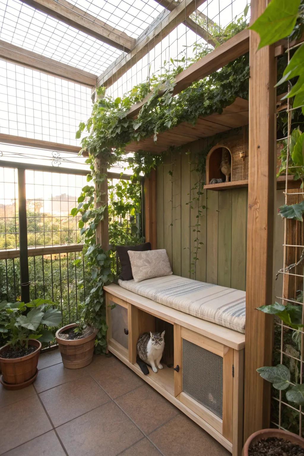 Multi-use furniture in a catio, blending style with functionality.