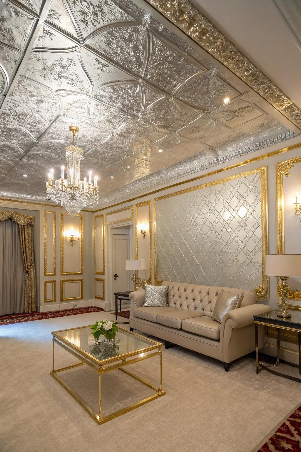 Luxurious sparkle with a silver leaf ceiling.