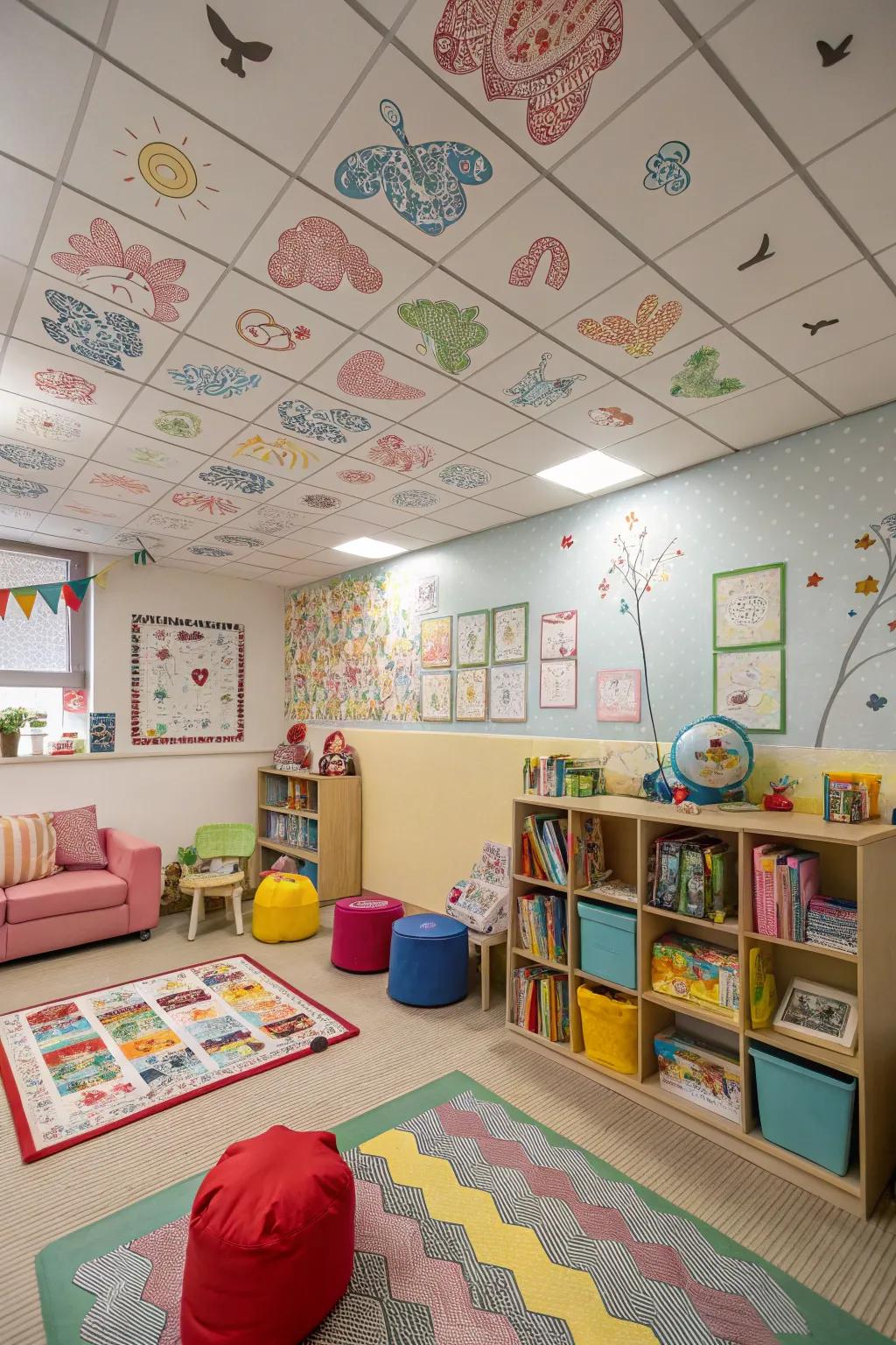 A playful children's chamber is enhanced by fanciful patterned ceiling shingles.