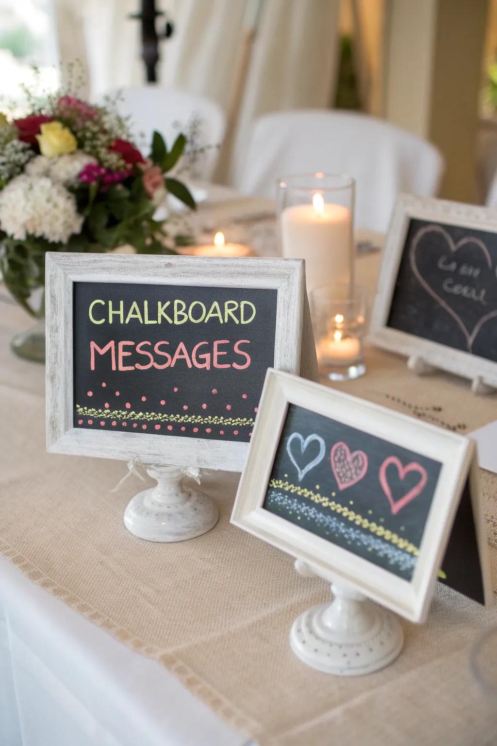 Small blackboards welcome creativity and tailored messages.