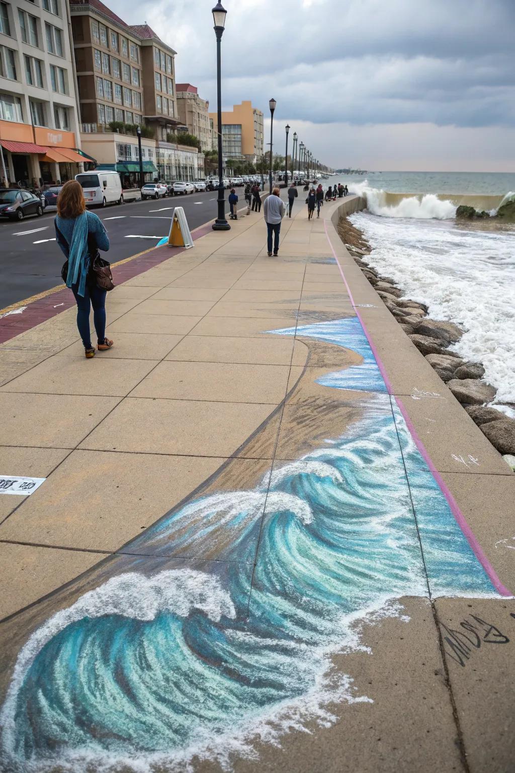 A calming beach scene with rolling breakers drawn in dust sticks.